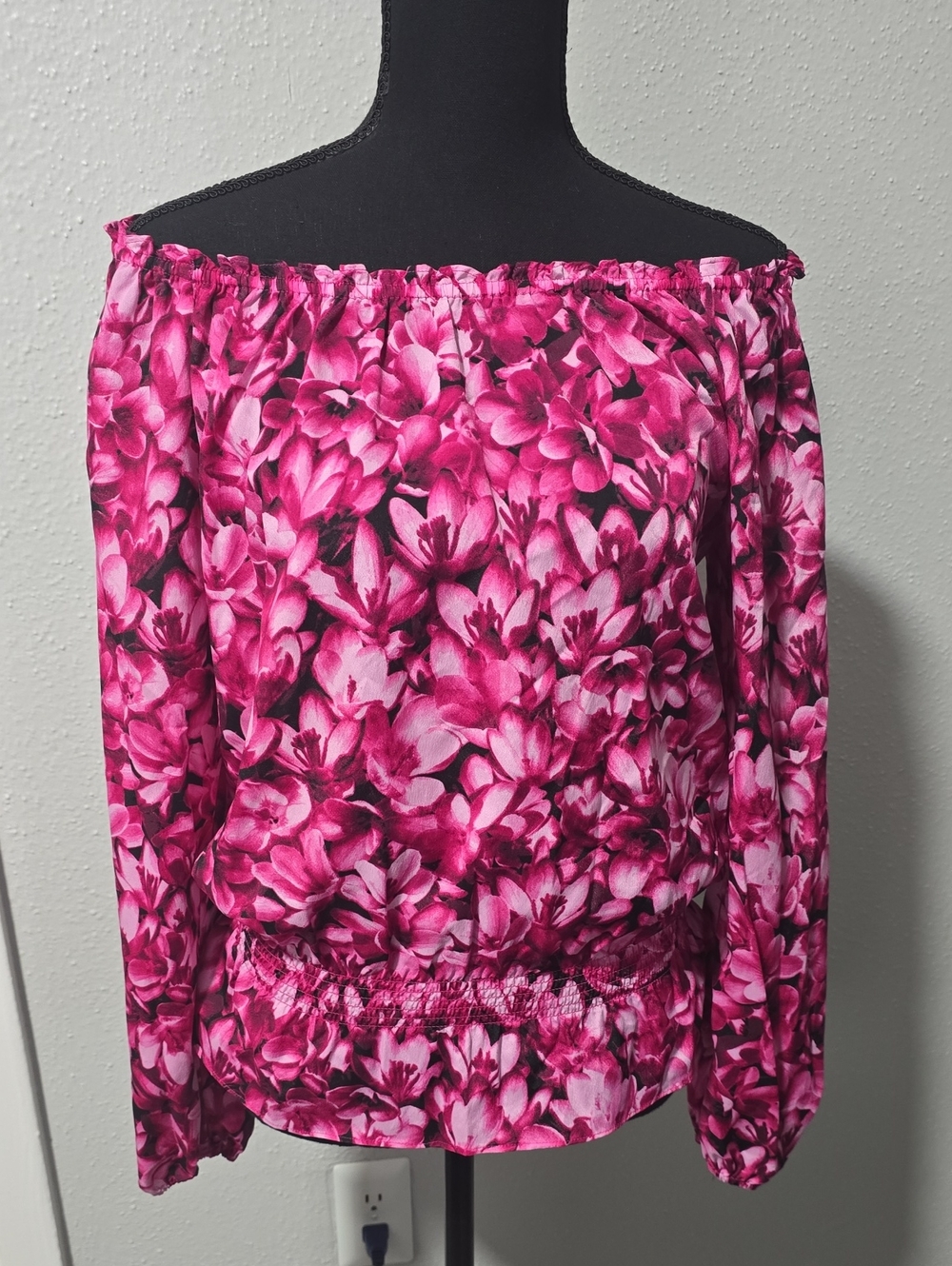 Michael Kors Pink Floral Elastic-Neck Blouse with Black Accents